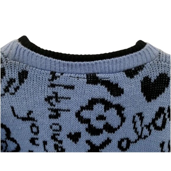 Gitano Knit Love Vtg Blue Black Doodle Print Sweater Sz S Casual Fall Graffiti - Picture 4 of 6